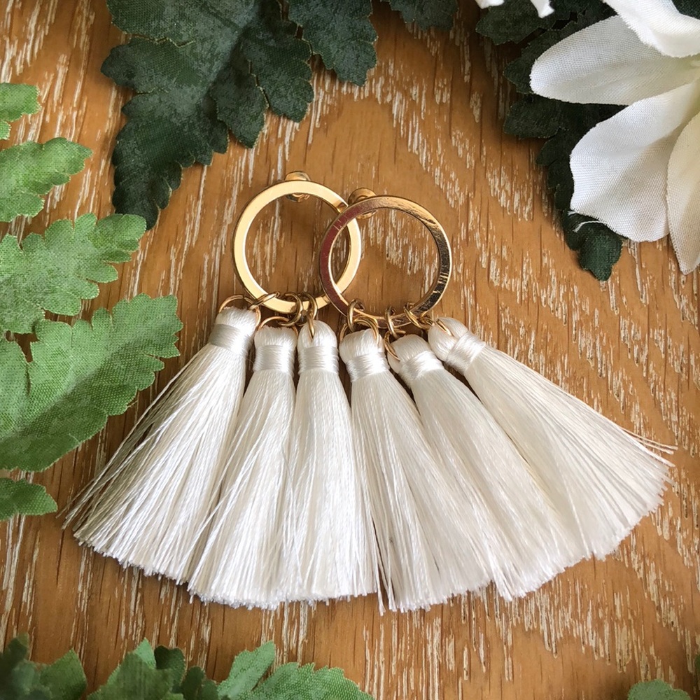 Gold Circular Post Earrings w/creamy White Tassels